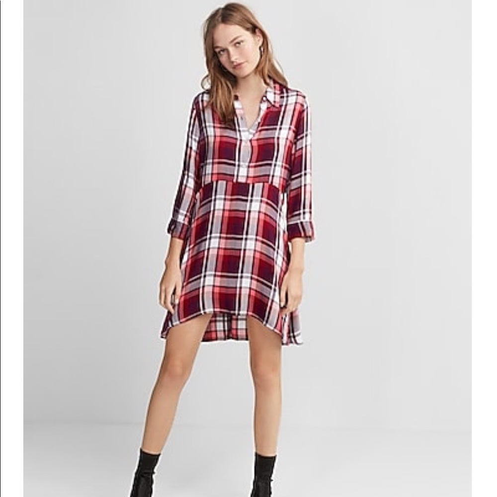 Express Hi Lo Plaid Pink Red Shirt Dress Small
